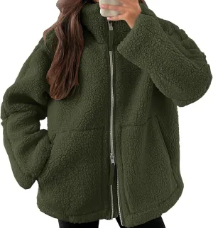 Women Sherpa Fleece Jacket 2024 Fall Winter Trendy Stand Collar Warm Fuzzy Coat Long Sleeve Zip Up Parka with Pockets