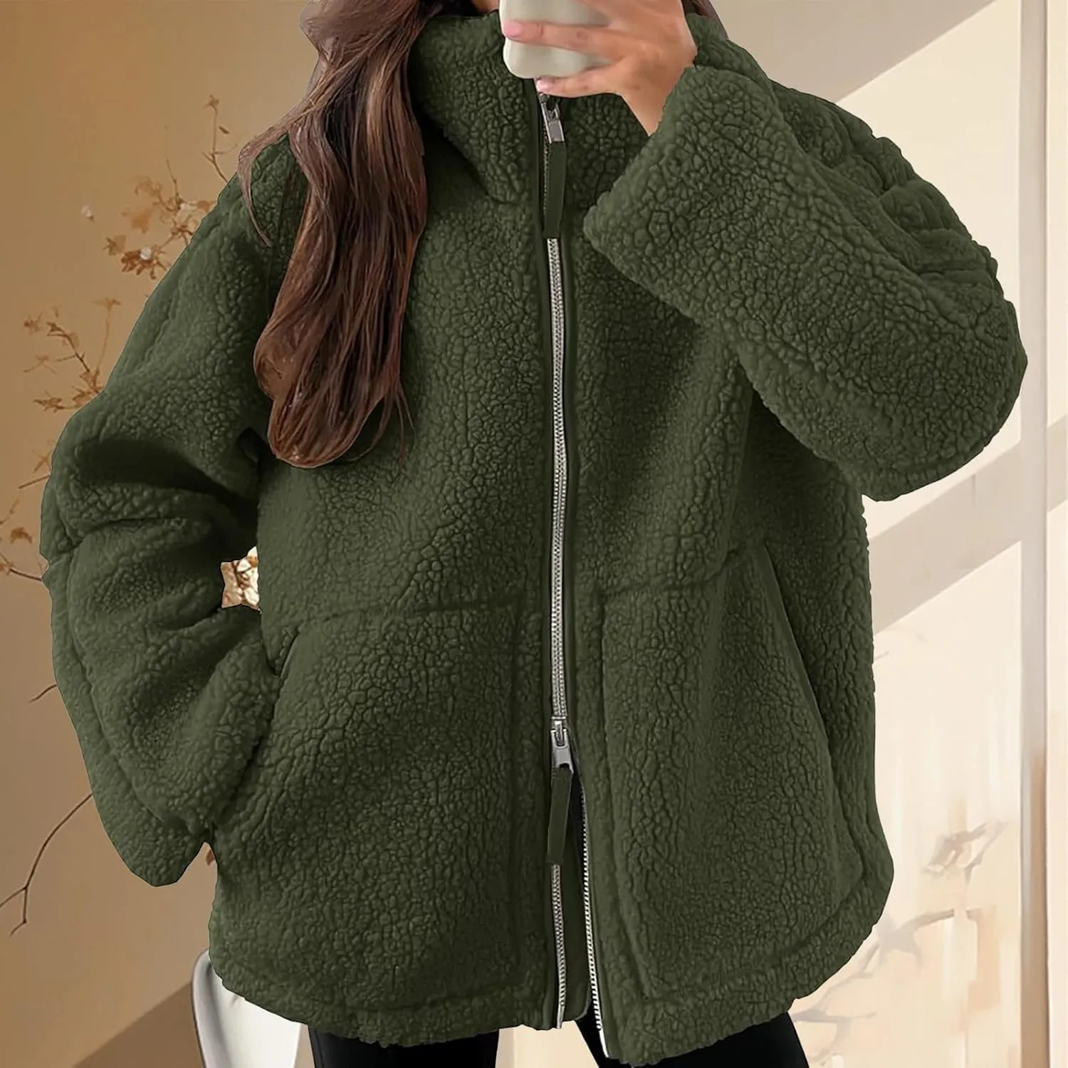 Women Sherpa Fleece Jacket 2024 Fall Winter Trendy Stand Collar Warm Fuzzy Coat Long Sleeve Zip Up Parka with Pockets