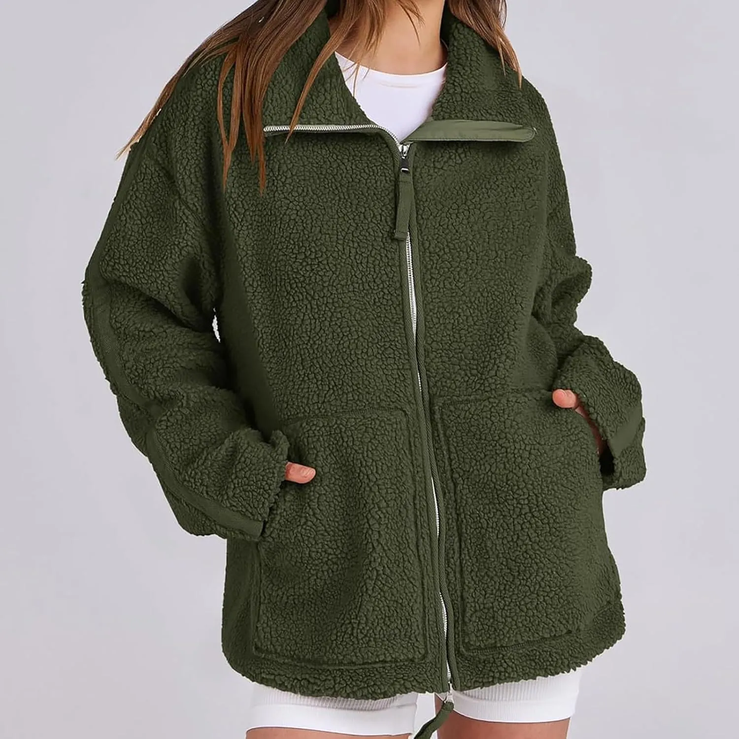 Women Sherpa Fleece Jacket 2024 Fall Winter Trendy Stand Collar Warm Fuzzy Coat Long Sleeve Zip Up Parka with Pockets