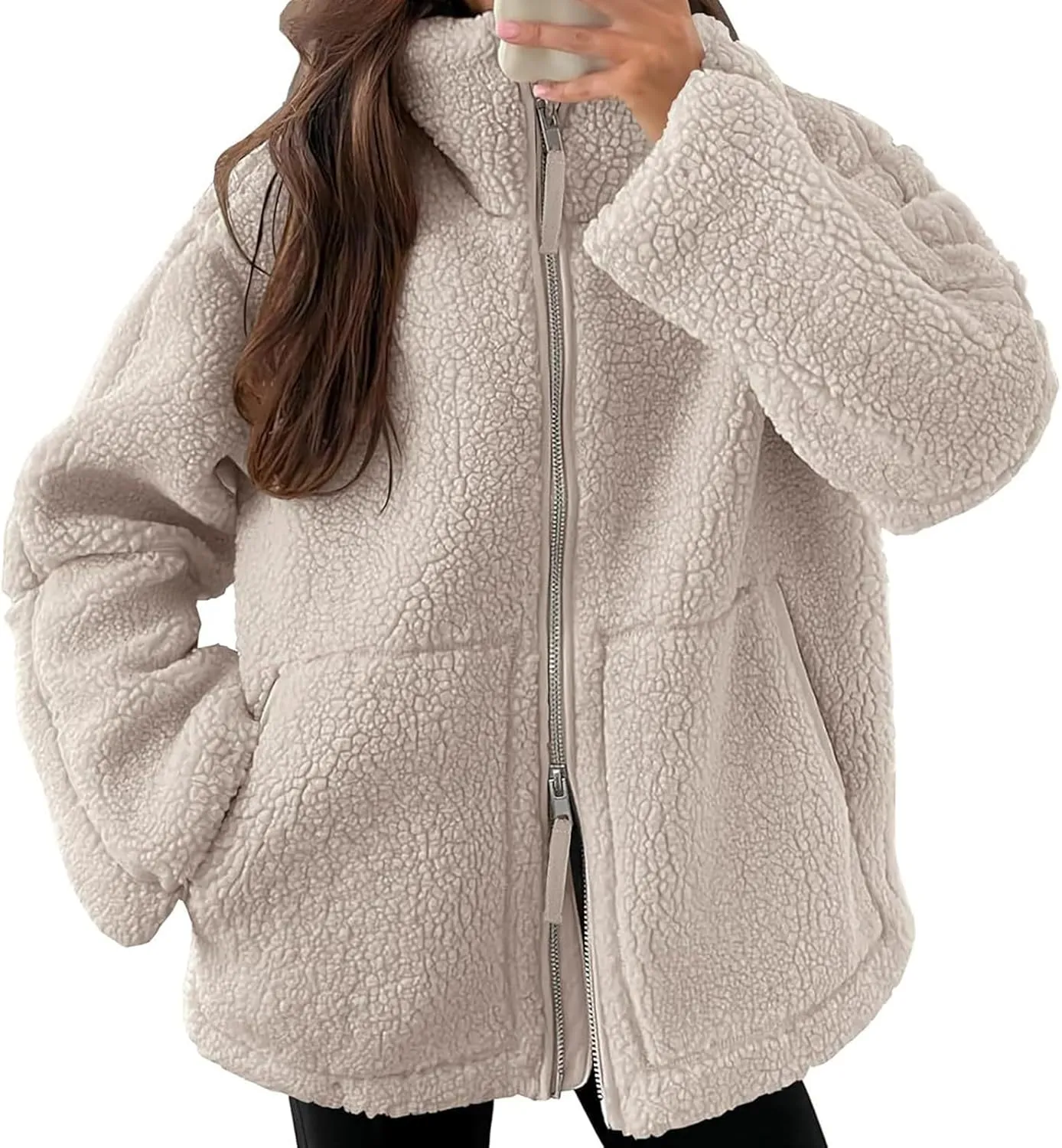 Women Sherpa Fleece Jacket 2024 Fall Winter Trendy Stand Collar Warm Fuzzy Coat Long Sleeve Zip Up Parka with Pockets