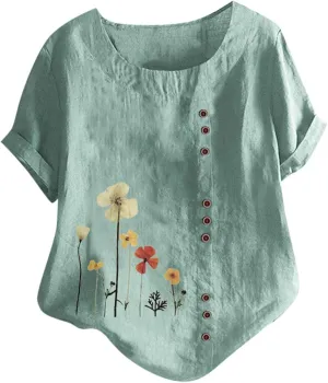 Women Shirts Casual Summer Floral Print Graphic Tees Dressy Cotton Linen Button Down Blouses Short Sleeve Work Tops
