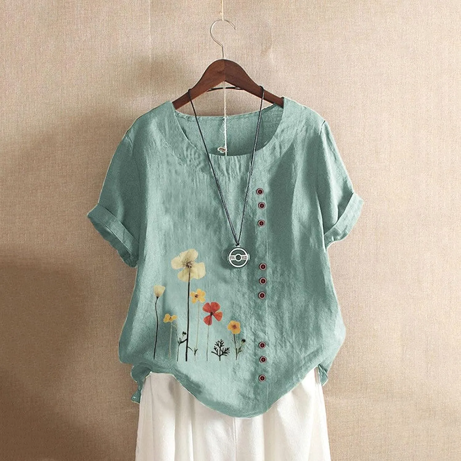 Women Shirts Casual Summer Floral Print Graphic Tees Dressy Cotton Linen Button Down Blouses Short Sleeve Work Tops