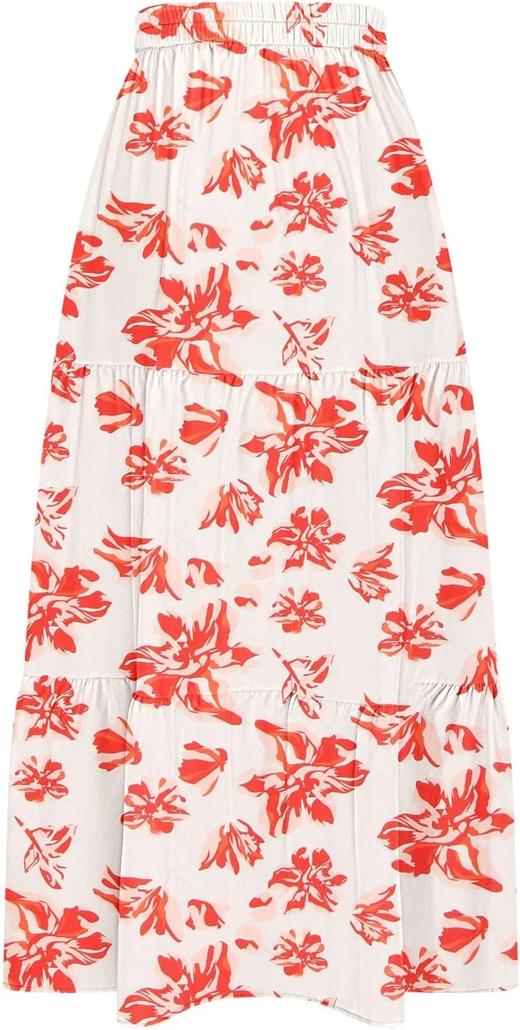 Women Spring Summer Boho Maxi Skirt Floral Print Side Slit Long Skirts High Waist Flowy Split A Line Maxi Skirt