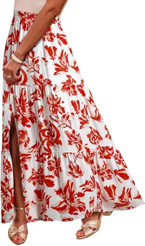 Women Spring Summer Boho Maxi Skirt Floral Print Side Slit Long Skirts High Waist Flowy Split A Line Maxi Skirt