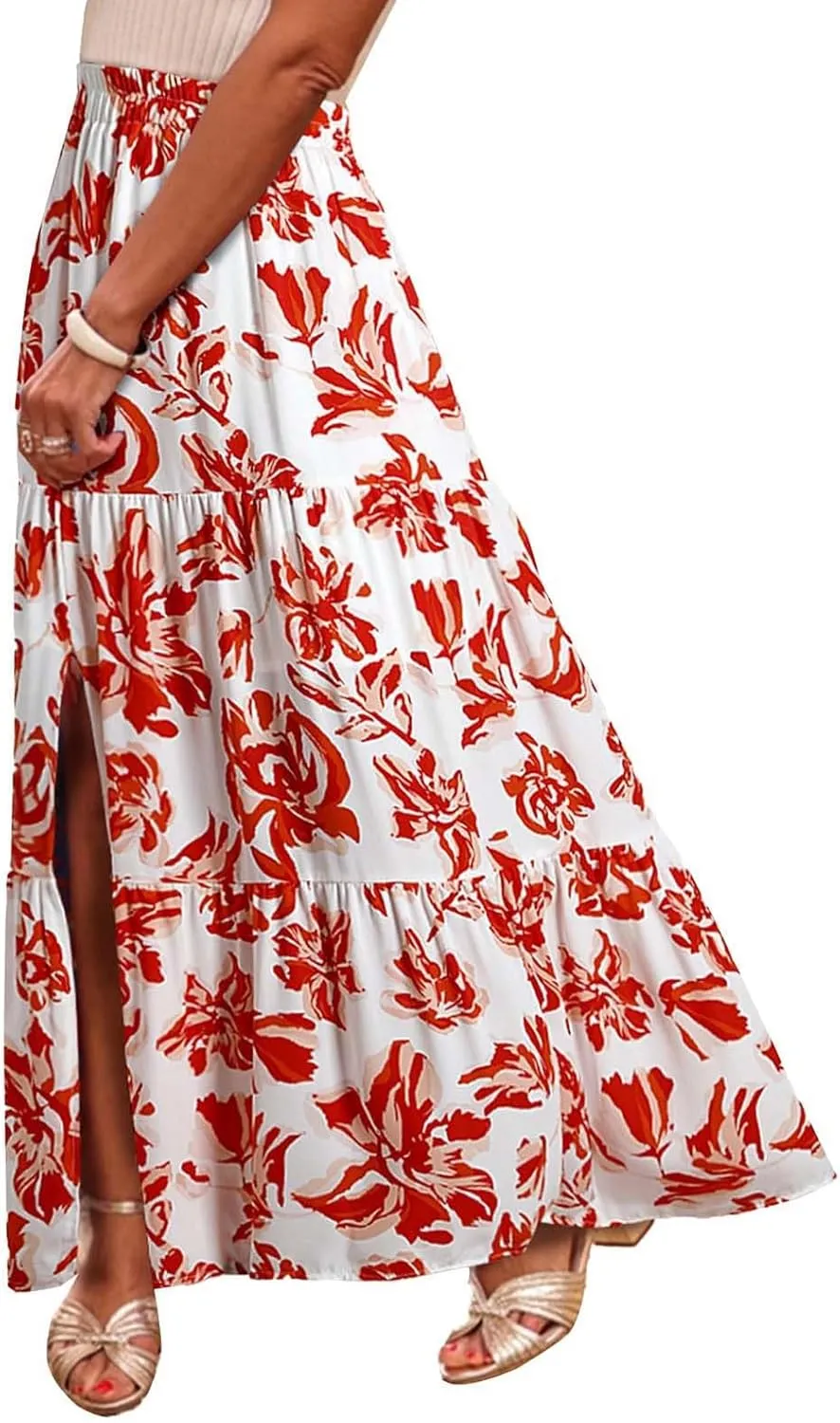 Women Spring Summer Boho Maxi Skirt Floral Print Side Slit Long Skirts High Waist Flowy Split A Line Maxi Skirt