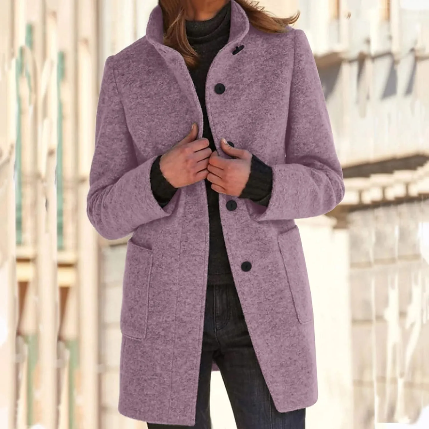 Women Winter Long Pea Coat Thicken Warm Woolen Overcoat Slim Fit Stand Collar Button Down Trench Jackets with Pockets