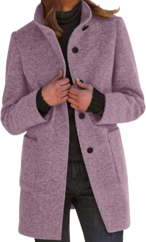 Women Winter Long Pea Coat Thicken Warm Woolen Overcoat Slim Fit Stand Collar Button Down Trench Jackets with Pockets