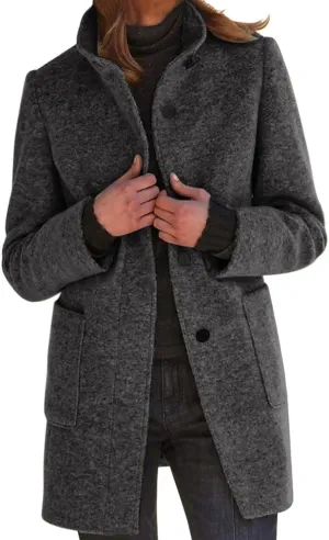 Women Winter Long Pea Coat Thicken Warm Woolen Overcoat Slim Fit Stand Collar Button Down Trench Jackets with Pockets