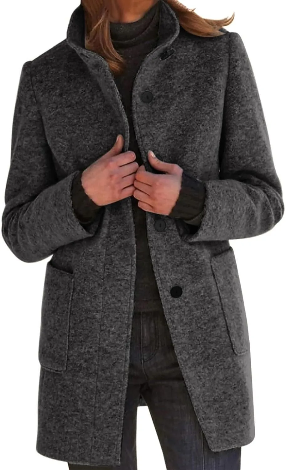 Women Winter Long Pea Coat Thicken Warm Woolen Overcoat Slim Fit Stand Collar Button Down Trench Jackets with Pockets
