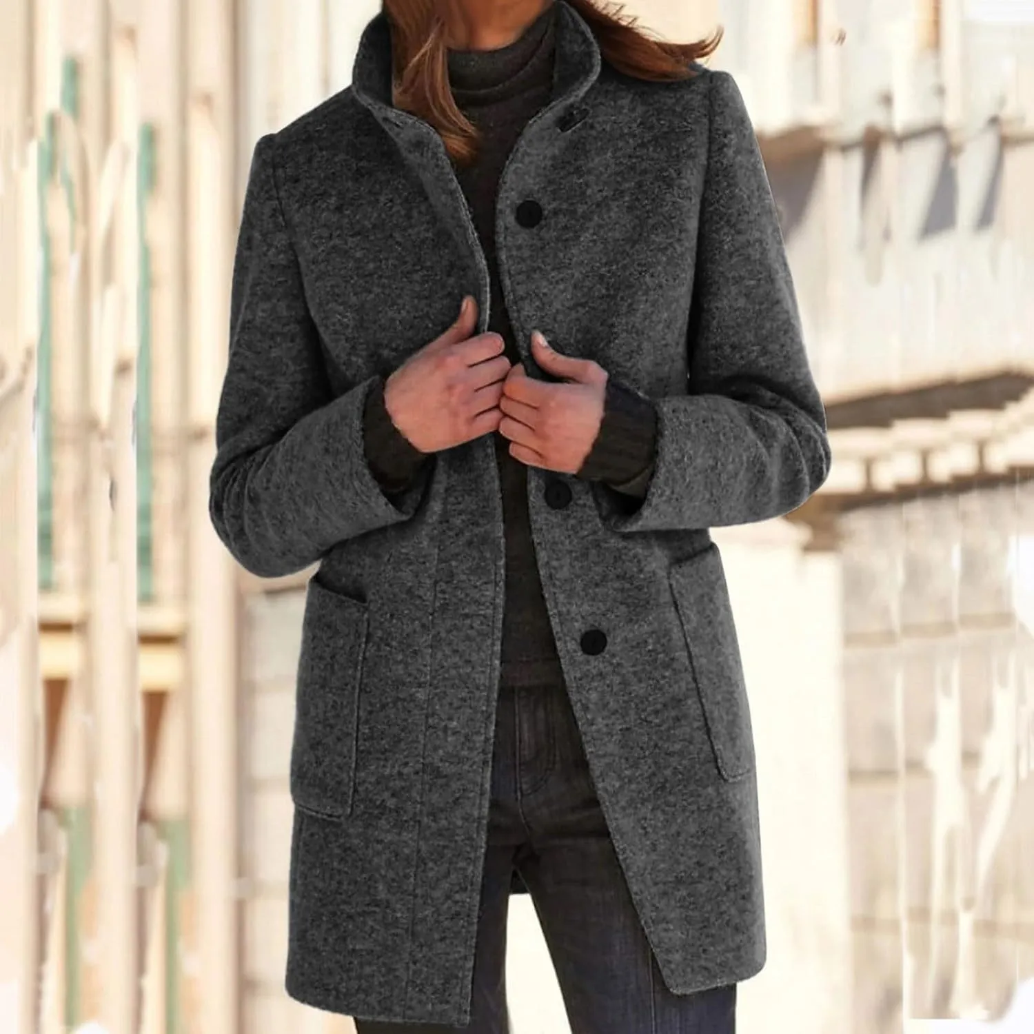 Women Winter Long Pea Coat Thicken Warm Woolen Overcoat Slim Fit Stand Collar Button Down Trench Jackets with Pockets