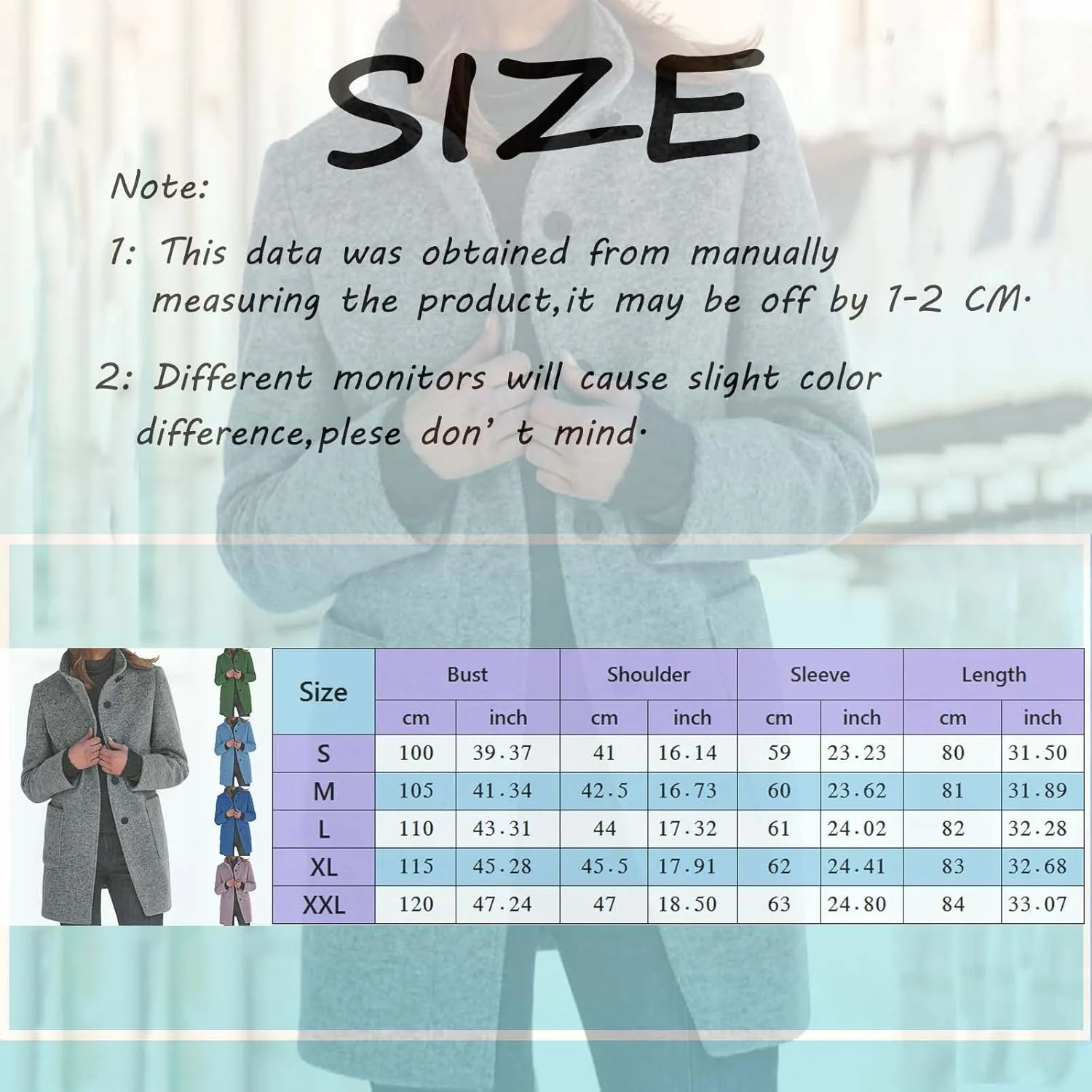 Women Winter Long Pea Coat Thicken Warm Woolen Overcoat Slim Fit Stand Collar Button Down Trench Jackets with Pockets