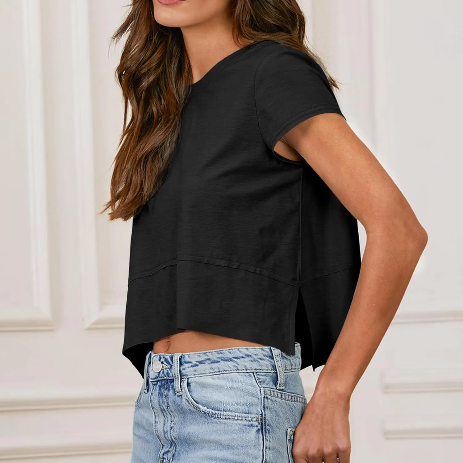 Women Workout Tops Summer Short Sleeve Crop Tops Side Slit Athletic Tops Casual Basic Tees Oversized Tee Shirts