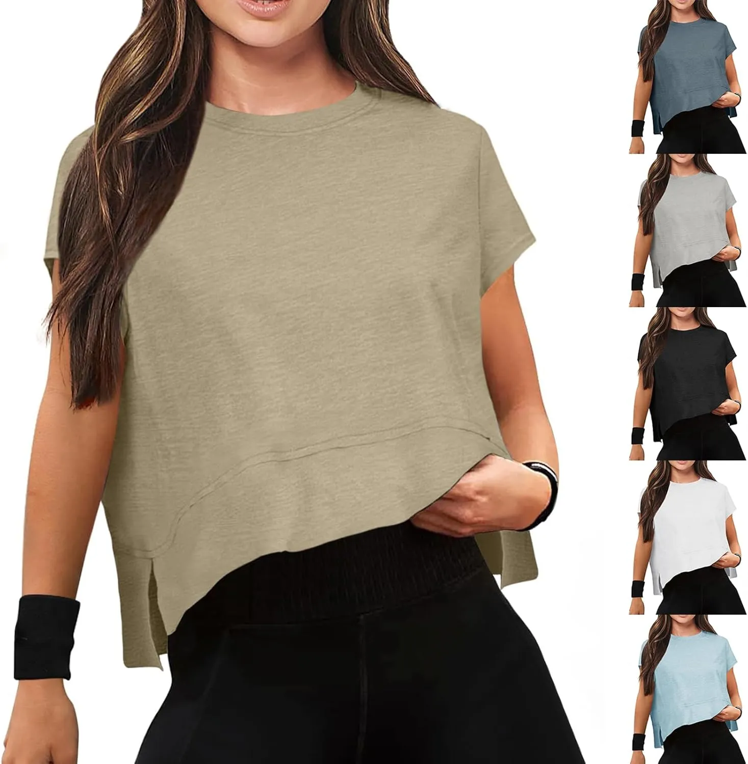 Women Workout Tops Summer Short Sleeve Crop Tops Side Slit Athletic Tops Casual Basic Tees Oversized Tee Shirts