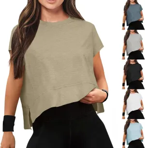 Women Workout Tops Summer Short Sleeve Crop Tops Side Slit Athletic Tops Casual Basic Tees Oversized Tee Shirts