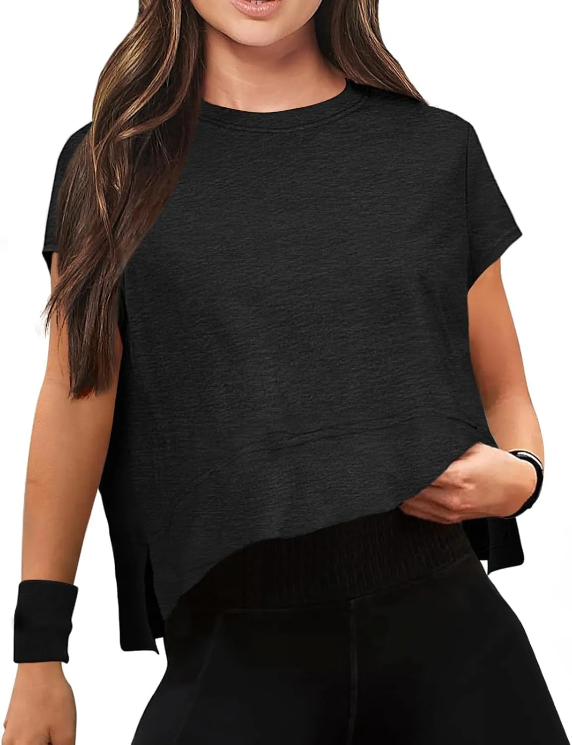 Women Workout Tops Summer Short Sleeve Crop Tops Side Slit Athletic Tops Casual Basic Tees Oversized Tee Shirts