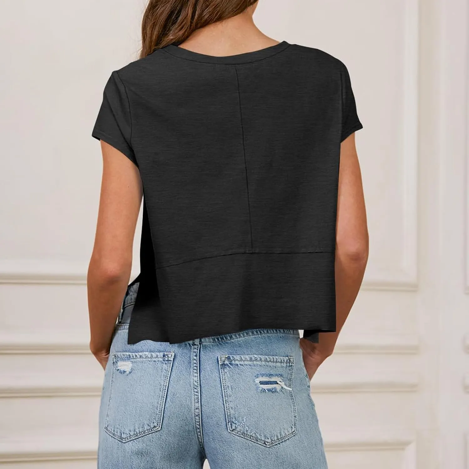 Women Workout Tops Summer Short Sleeve Crop Tops Side Slit Athletic Tops Casual Basic Tees Oversized Tee Shirts