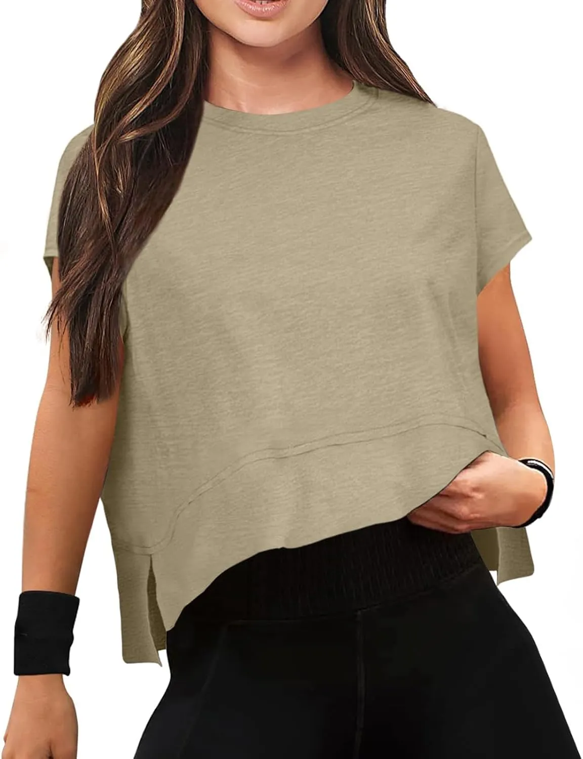 Women Workout Tops Summer Short Sleeve Crop Tops Side Slit Athletic Tops Casual Basic Tees Oversized Tee Shirts