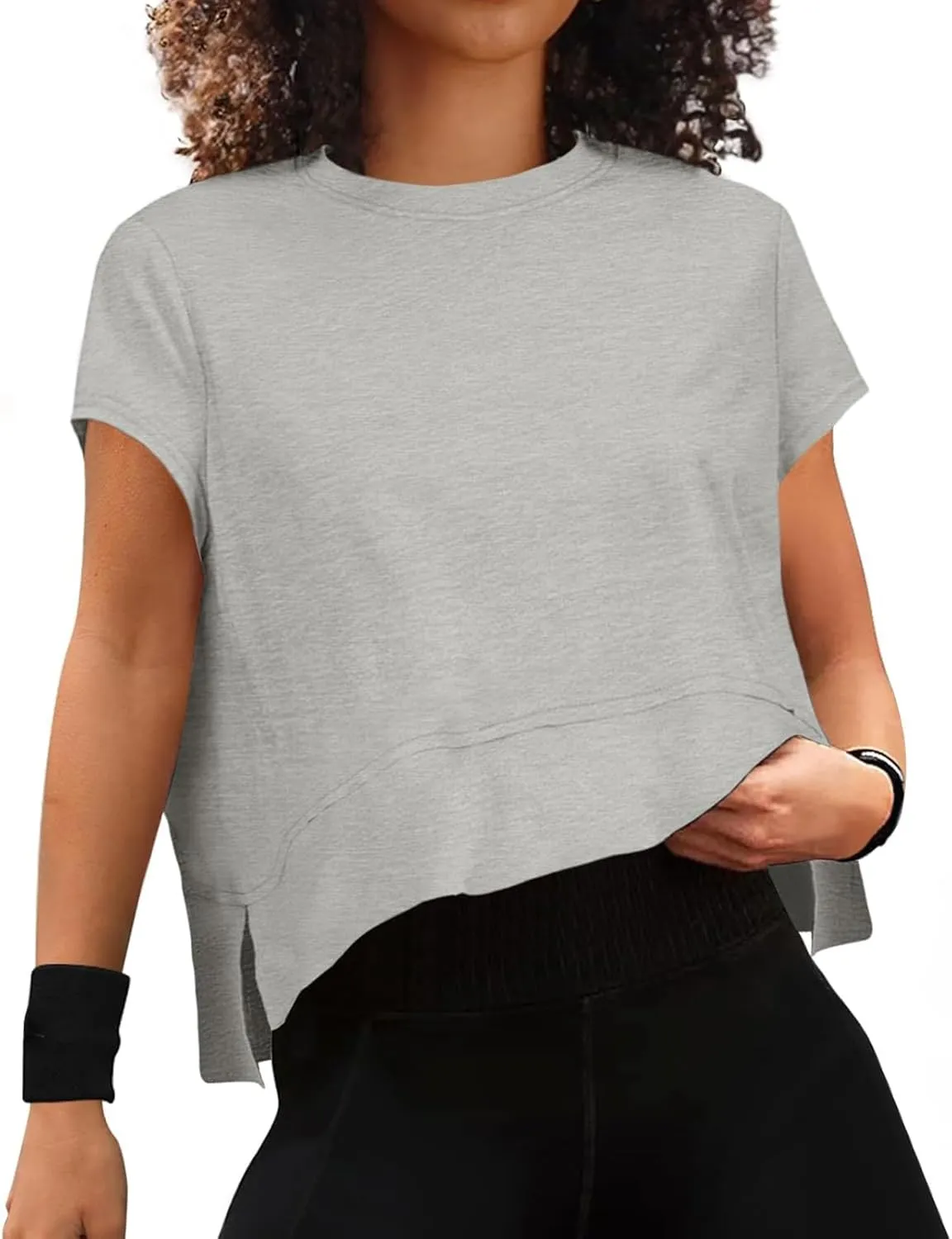 Women Workout Tops Summer Short Sleeve Crop Tops Side Slit Athletic Tops Casual Basic Tees Oversized Tee Shirts