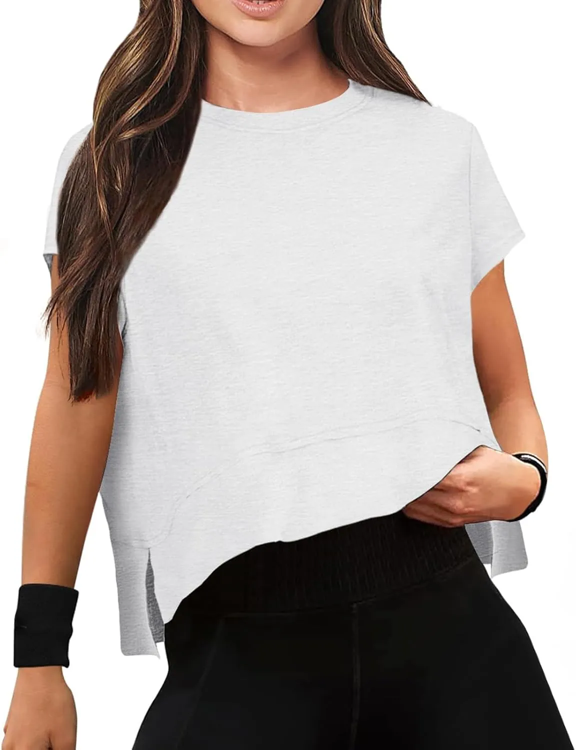 Women Workout Tops Summer Short Sleeve Crop Tops Side Slit Athletic Tops Casual Basic Tees Oversized Tee Shirts