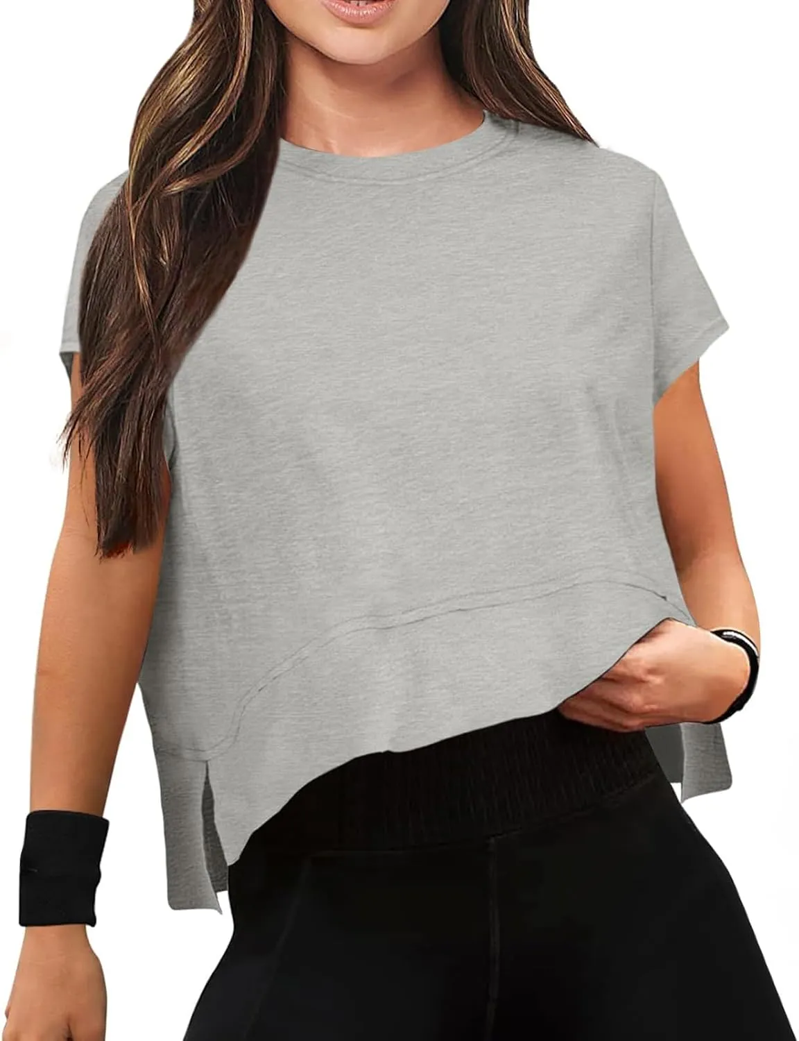 Women Workout Tops Summer Short Sleeve Crop Tops Side Slit Athletic Tops Casual Basic Tees Oversized Tee Shirts