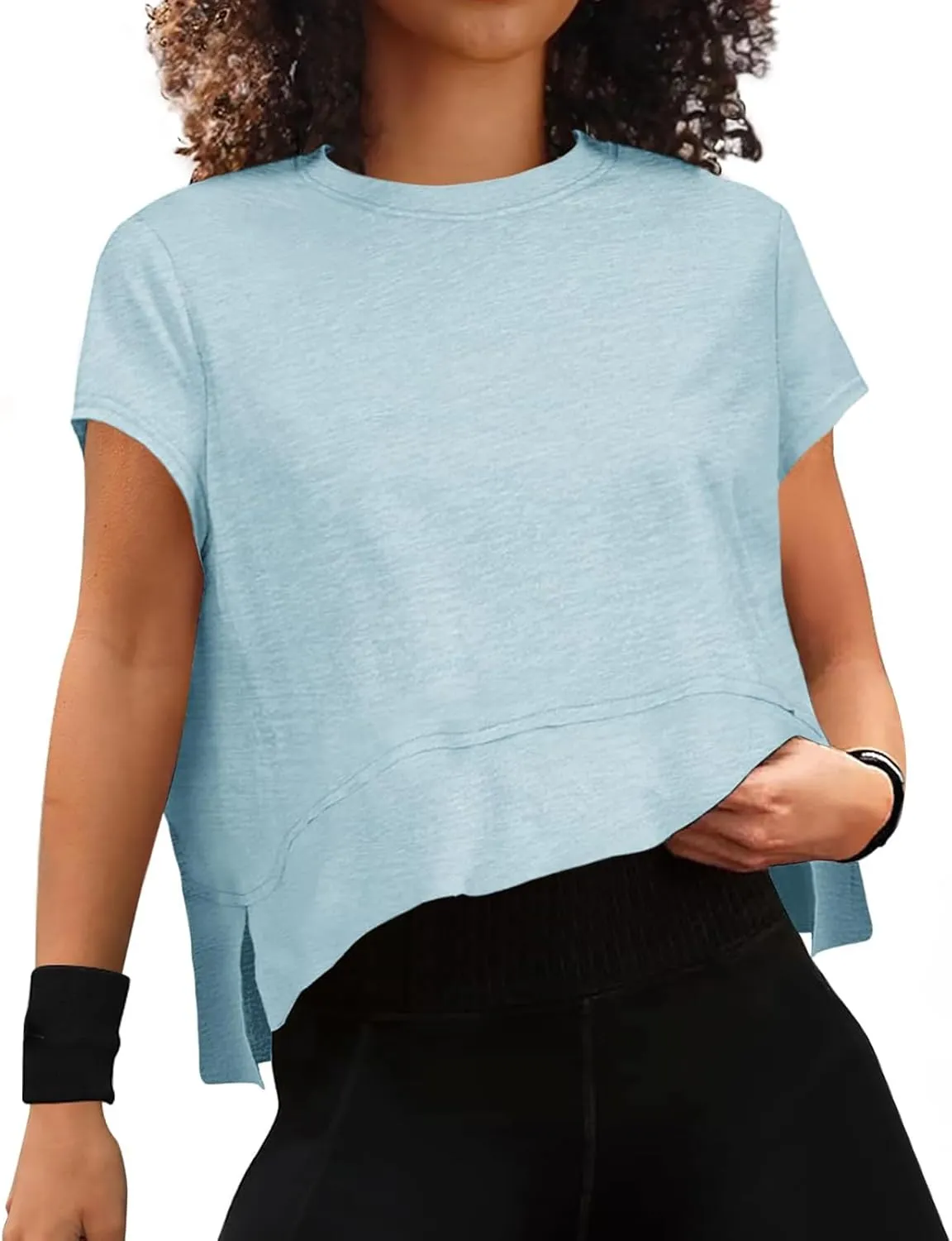 Women Workout Tops Summer Short Sleeve Crop Tops Side Slit Athletic Tops Casual Basic Tees Oversized Tee Shirts