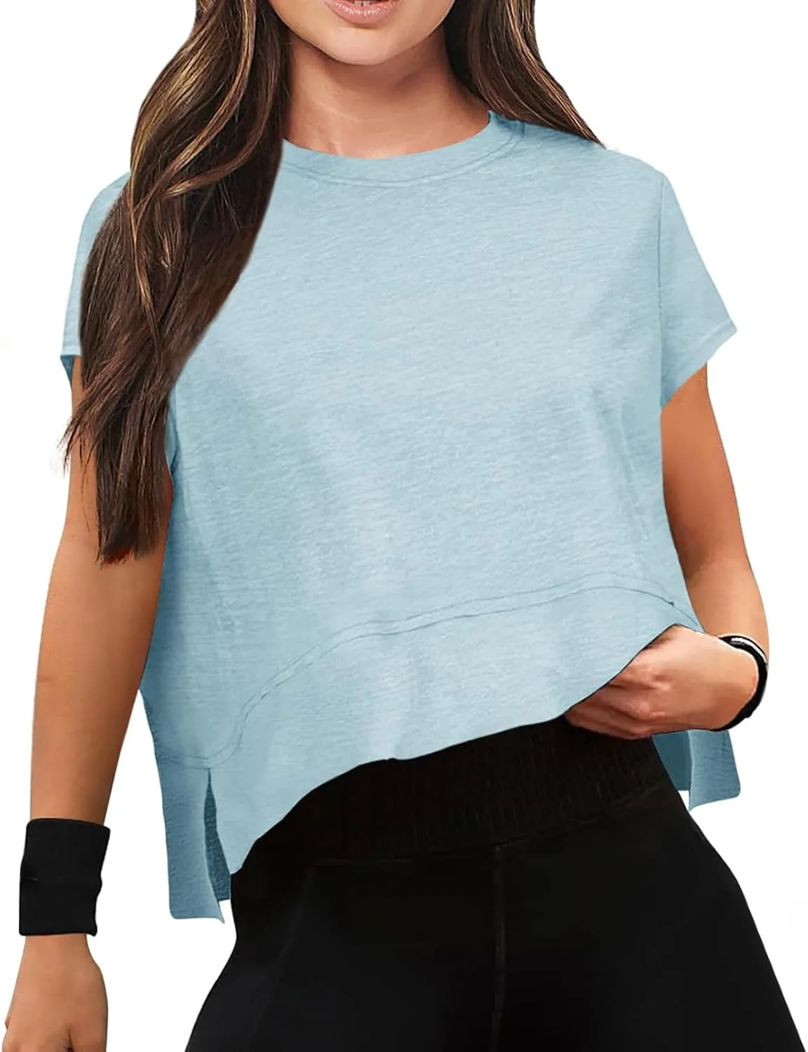 Women Workout Tops Summer Short Sleeve Crop Tops Side Slit Athletic Tops Casual Basic Tees Oversized Tee Shirts