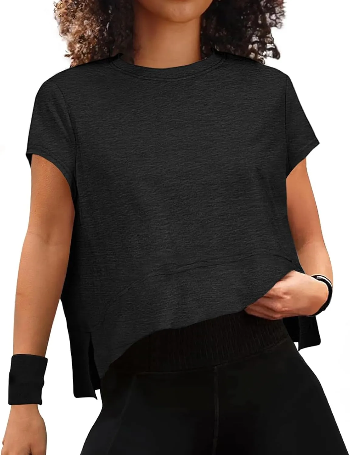 Women Workout Tops Summer Short Sleeve Crop Tops Side Slit Athletic Tops Casual Basic Tees Oversized Tee Shirts