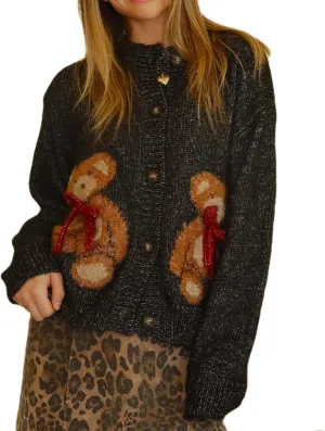 Women Y2k Knit Cardigans Cute Bear Bow Tie Long Sleeve Chunky Sweater Casual Fall Button Down Knit Coat Knitwear