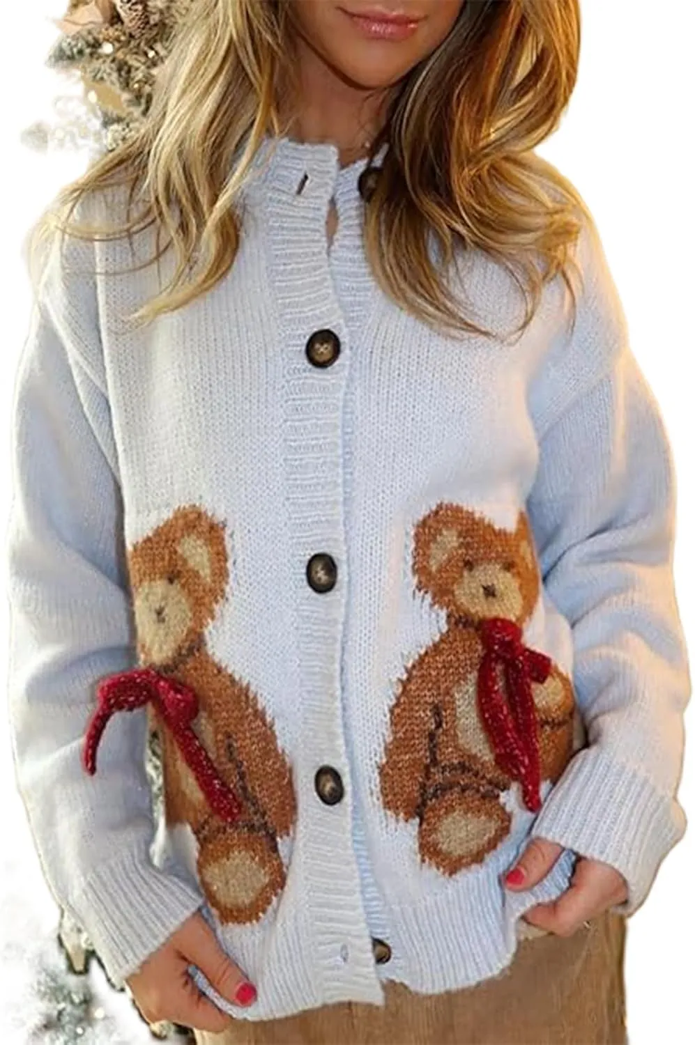 Women Y2k Knit Cardigans Cute Bear Bow Tie Long Sleeve Chunky Sweater Casual Fall Button Down Knit Coat Knitwear
