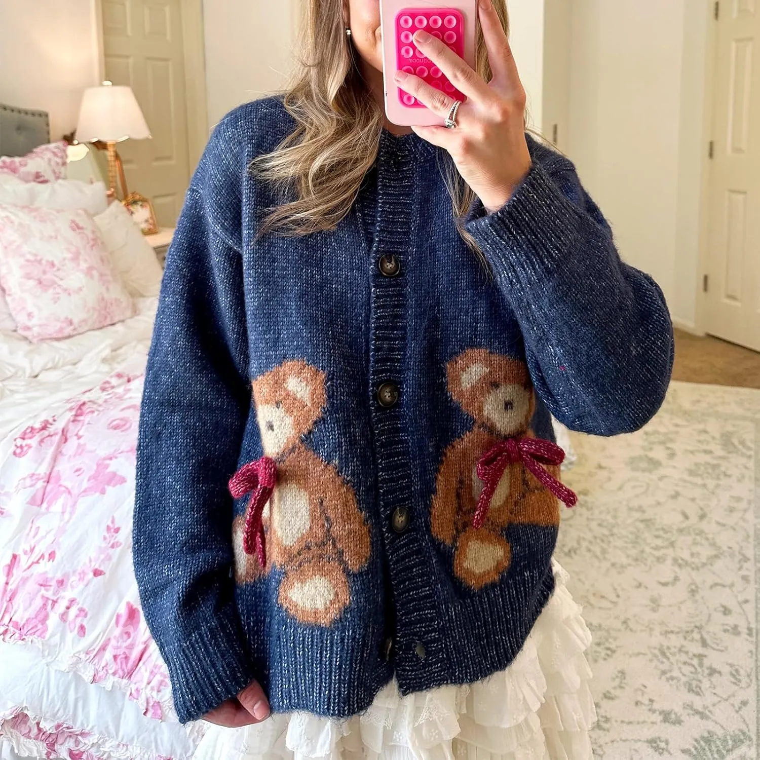 Women Y2k Knit Cardigans Cute Bear Bow Tie Long Sleeve Chunky Sweater Casual Fall Button Down Knit Coat Knitwear