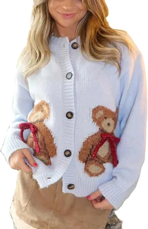 Women Y2k Knit Cardigans Cute Bear Bow Tie Long Sleeve Chunky Sweater Casual Fall Button Down Knit Coat Knitwear
