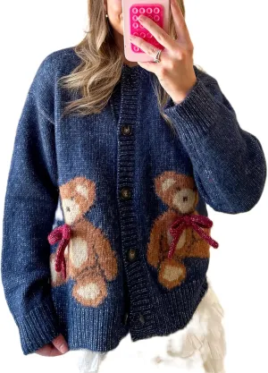 Women Y2k Knit Cardigans Cute Bear Bow Tie Long Sleeve Chunky Sweater Casual Fall Button Down Knit Coat Knitwear