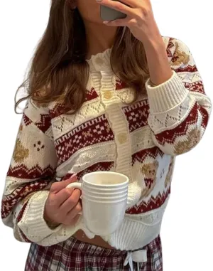 Women Y2k Knit Cardigans Cute Bear Bow Tie Long Sleeve Chunky Sweater Casual Fall Button Down Knit Coat Knitwear