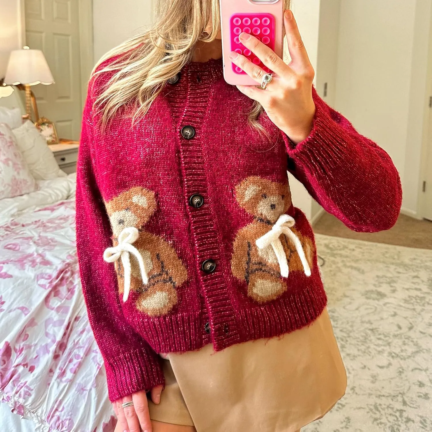 Women Y2k Knit Cardigans Cute Bear Bow Tie Long Sleeve Chunky Sweater Casual Fall Button Down Knit Coat Knitwear