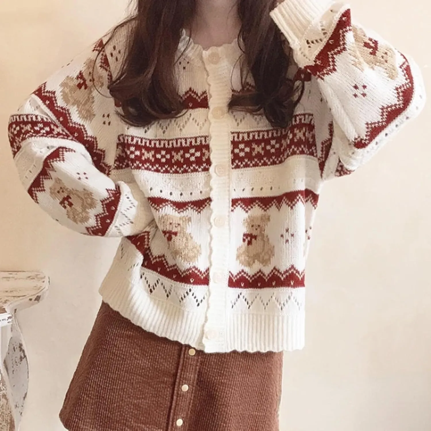 Women Y2k Knit Cardigans Cute Bear Bow Tie Long Sleeve Chunky Sweater Casual Fall Button Down Knit Coat Knitwear