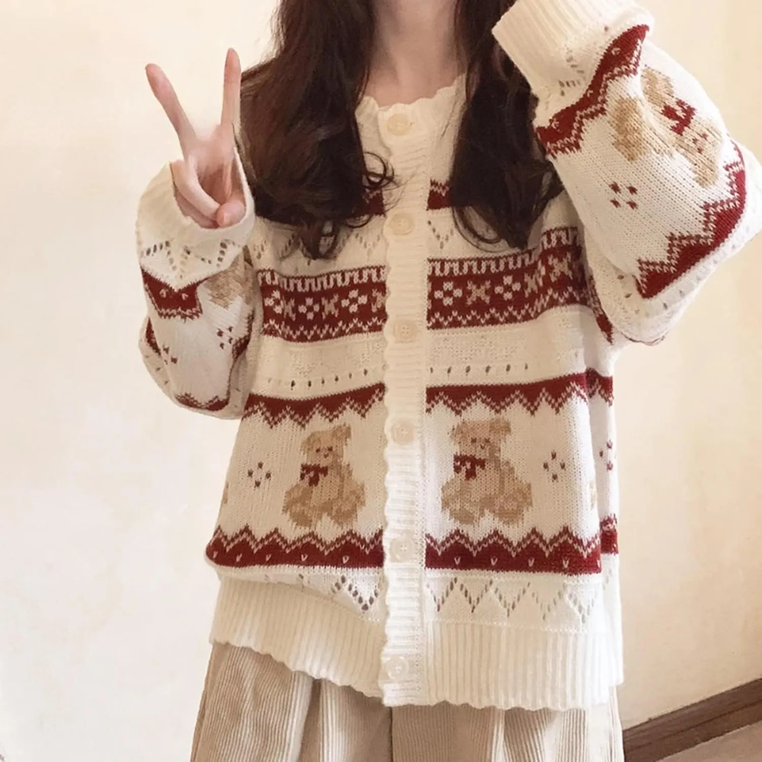 Women Y2k Knit Cardigans Cute Bear Bow Tie Long Sleeve Chunky Sweater Casual Fall Button Down Knit Coat Knitwear