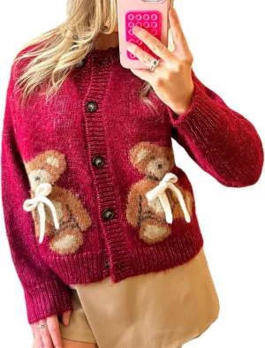 Women Y2k Knit Cardigans Cute Bear Bow Tie Long Sleeve Chunky Sweater Casual Fall Button Down Knit Coat Knitwear
