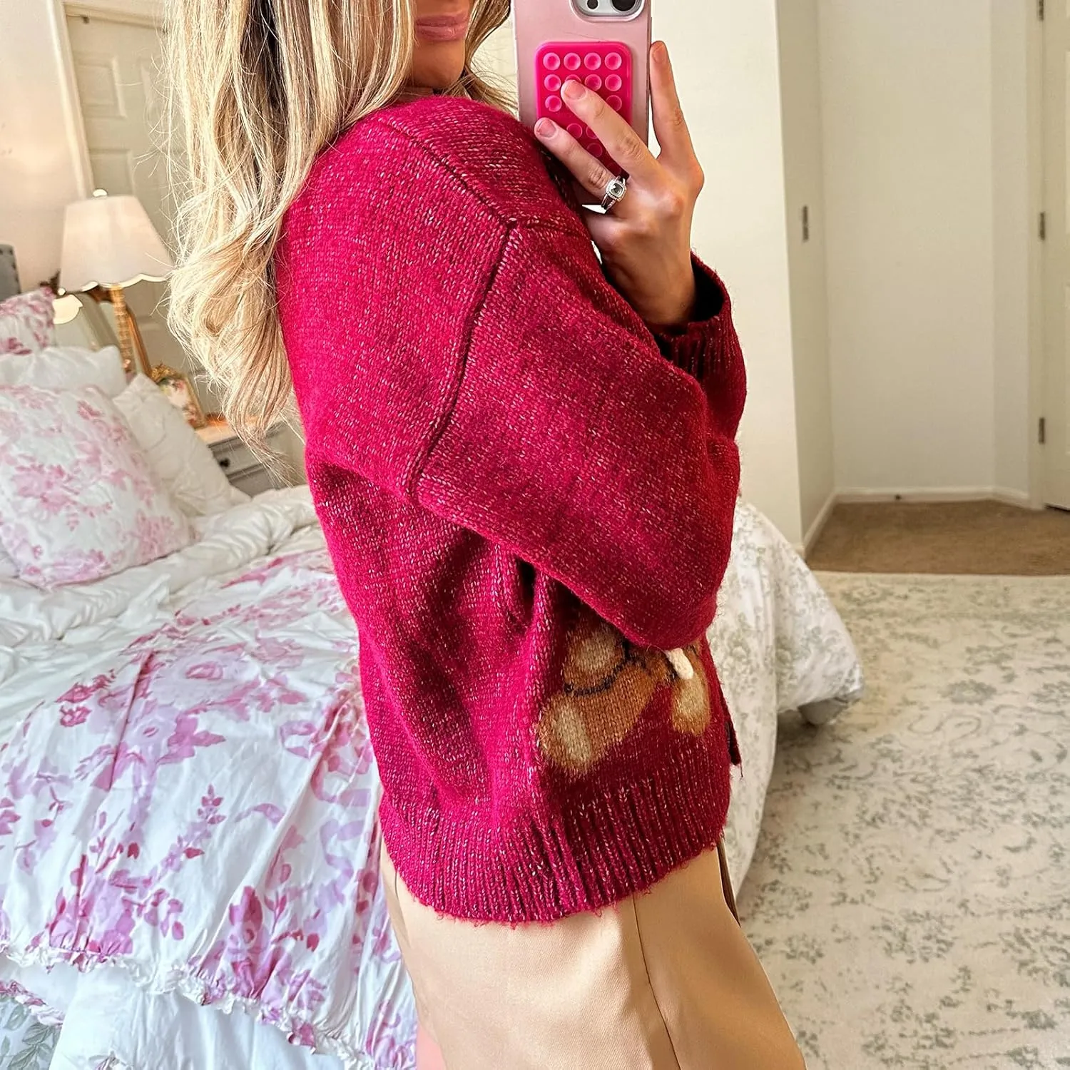 Women Y2k Knit Cardigans Cute Bear Bow Tie Long Sleeve Chunky Sweater Casual Fall Button Down Knit Coat Knitwear