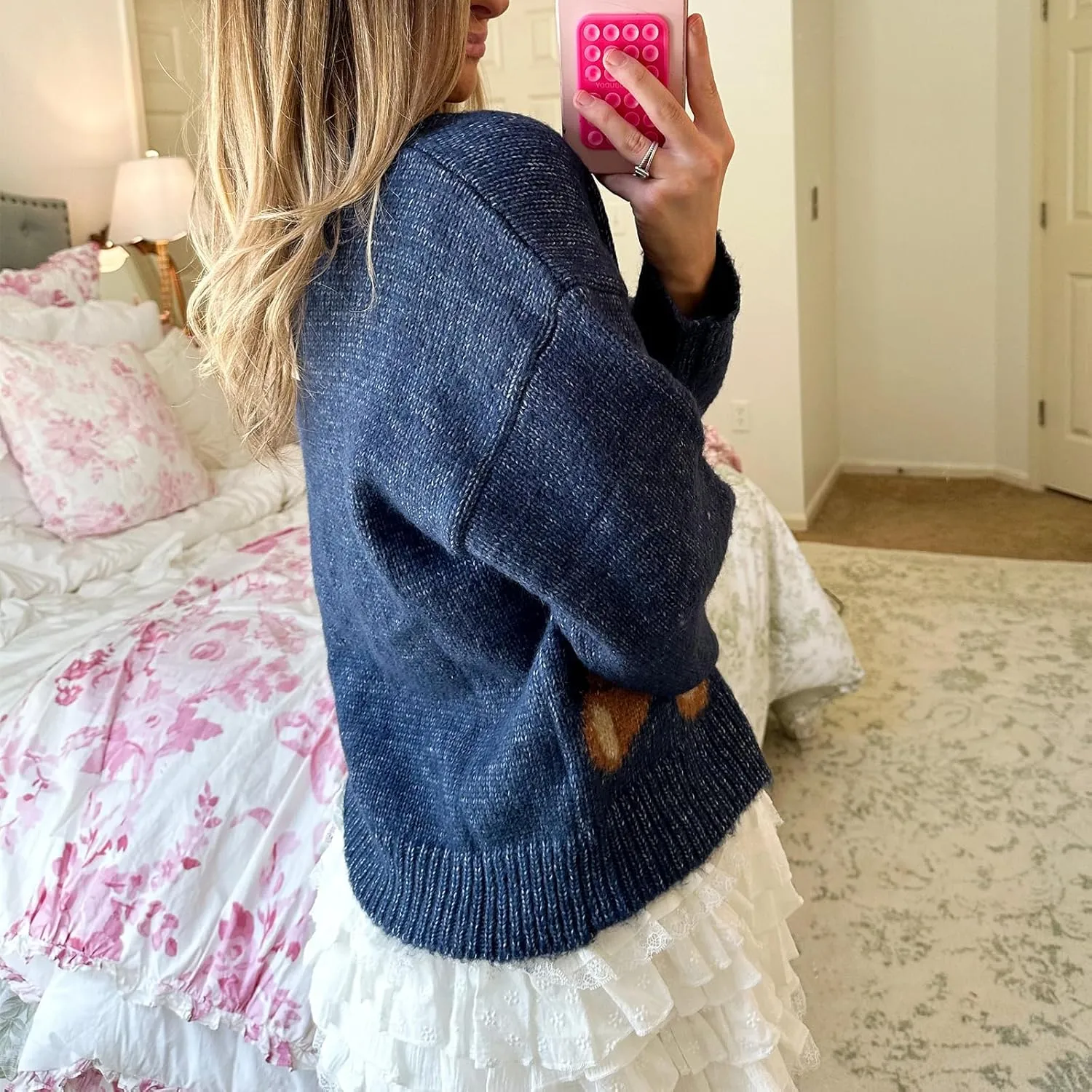 Women Y2k Knit Cardigans Cute Bear Bow Tie Long Sleeve Chunky Sweater Casual Fall Button Down Knit Coat Knitwear
