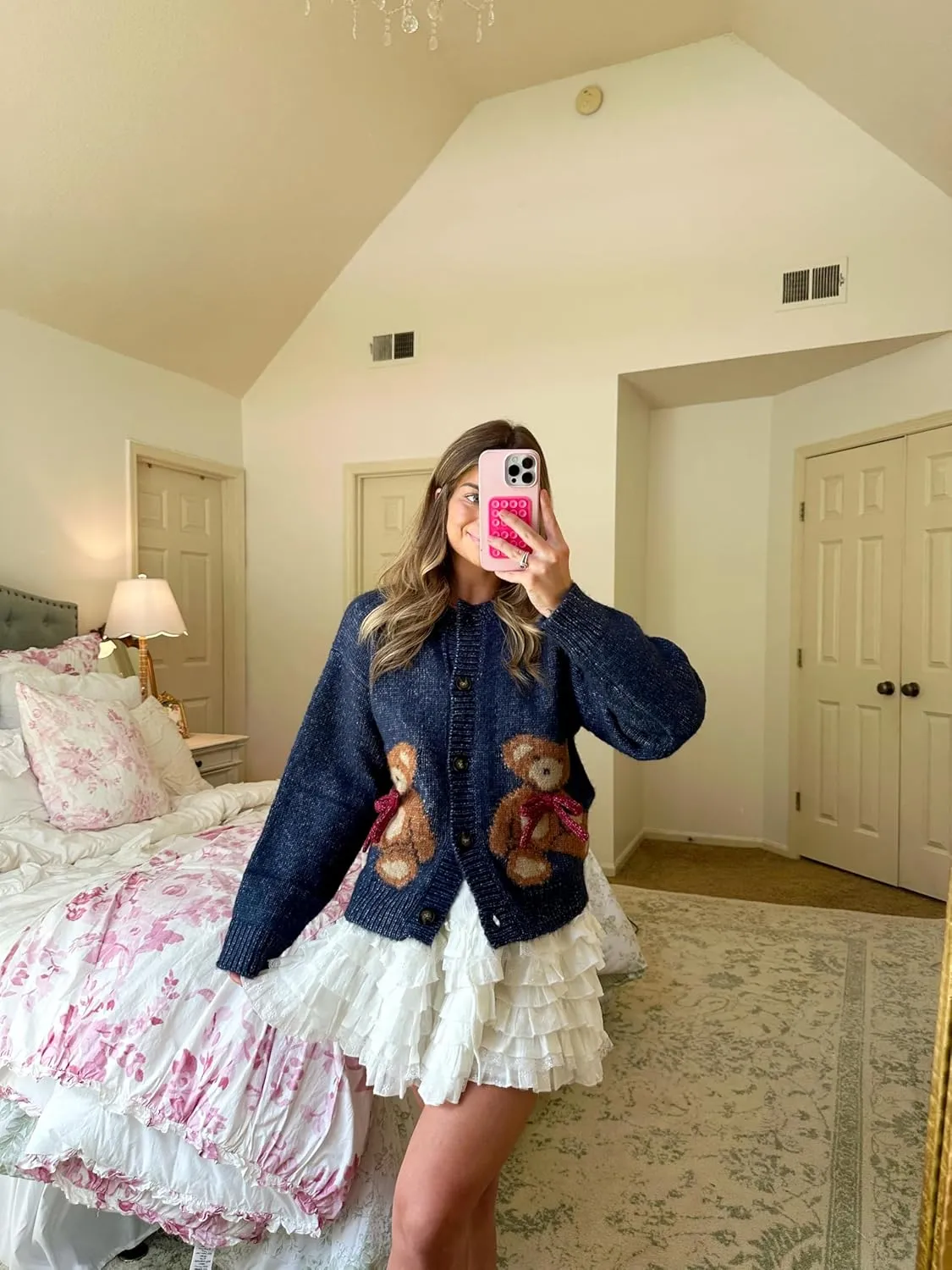 Women Y2k Knit Cardigans Cute Bear Bow Tie Long Sleeve Chunky Sweater Casual Fall Button Down Knit Coat Knitwear