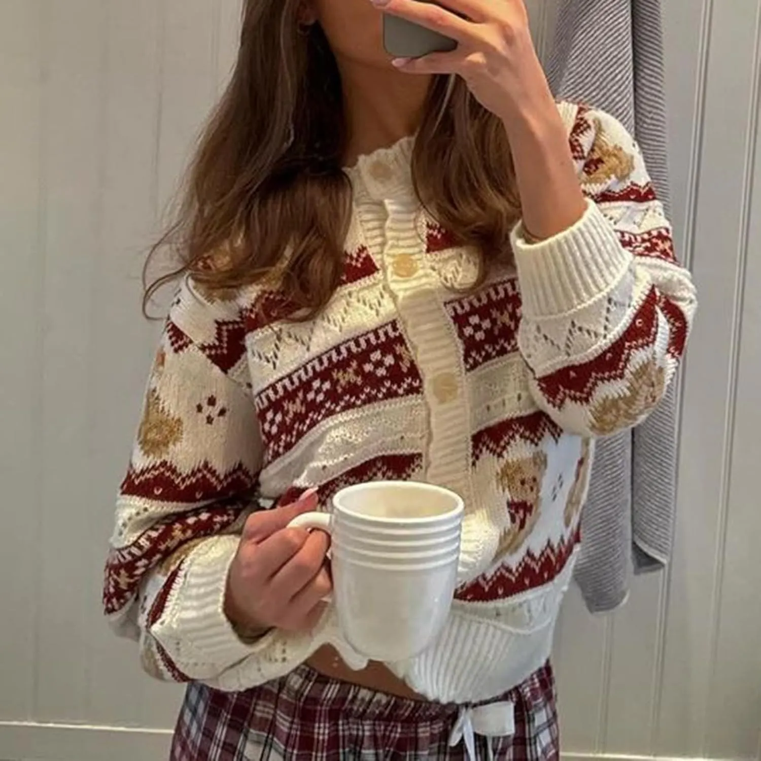 Women Y2k Knit Cardigans Cute Bear Bow Tie Long Sleeve Chunky Sweater Casual Fall Button Down Knit Coat Knitwear