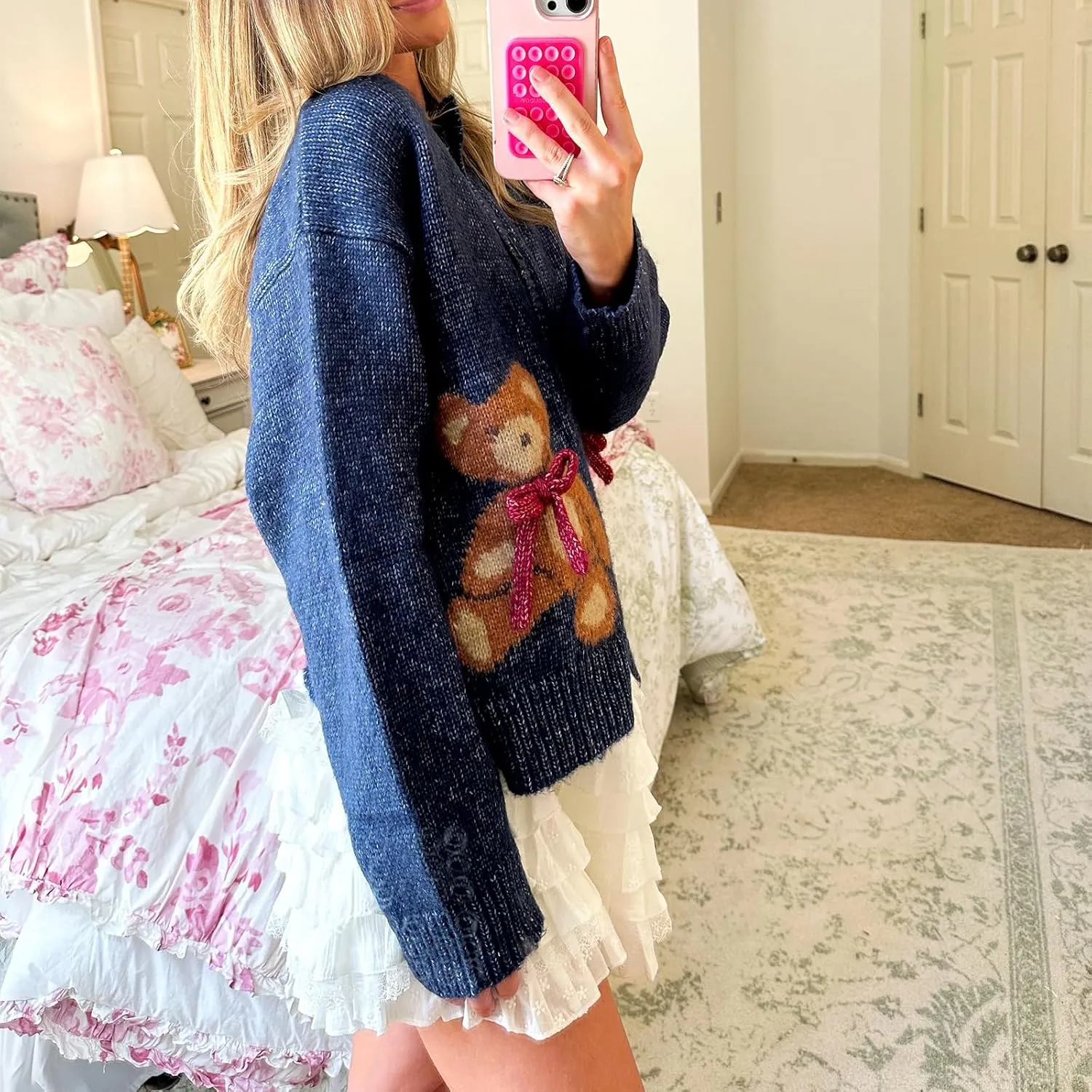 Women Y2k Knit Cardigans Cute Bear Bow Tie Long Sleeve Chunky Sweater Casual Fall Button Down Knit Coat Knitwear