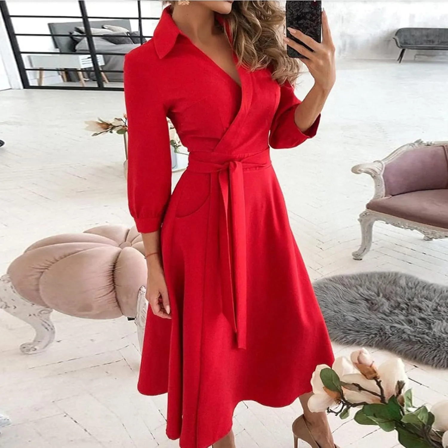 Women's 3/4 Sleeve Spring Summer Dress Wide Collar V Neck Faux Wrap Aline Casual Short Sleeve Work Dresses