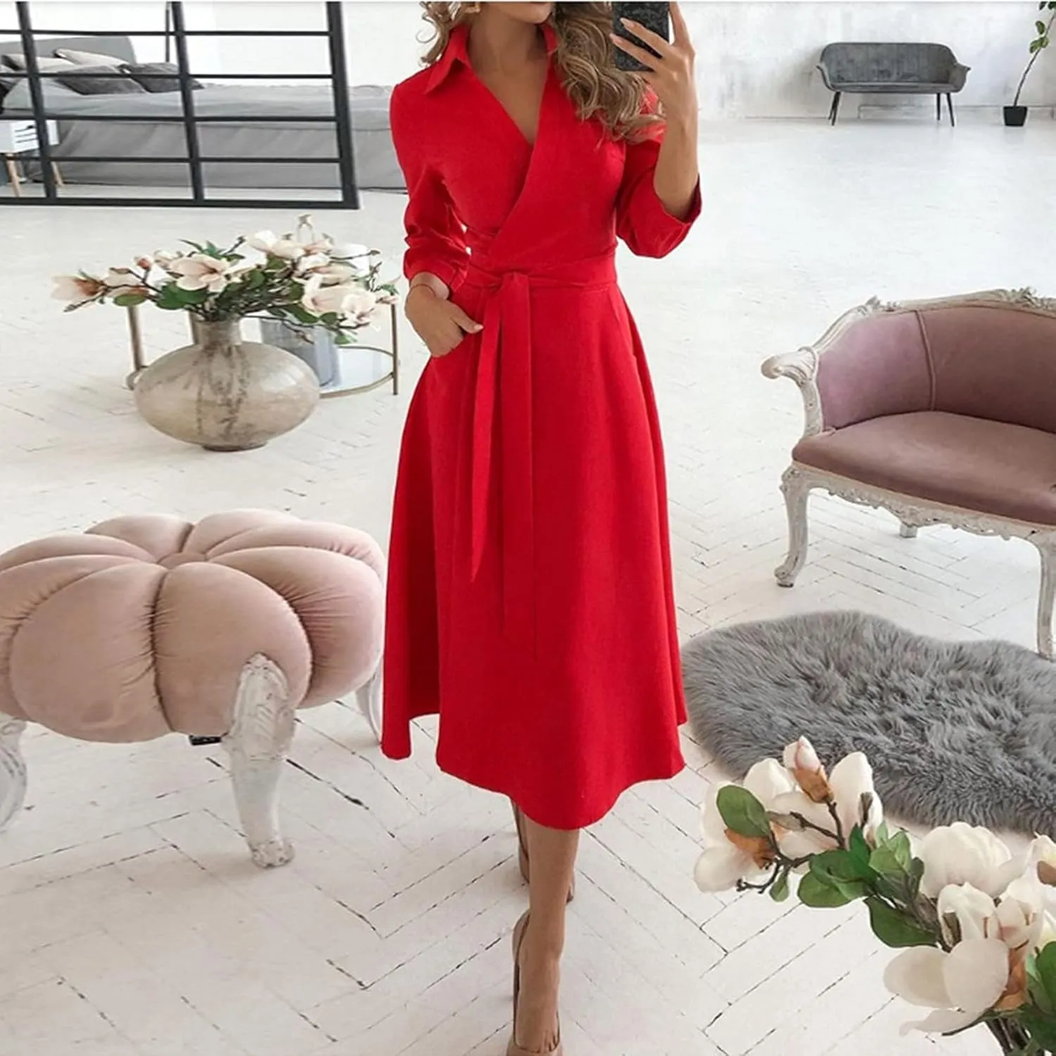 Women's 3/4 Sleeve Spring Summer Dress Wide Collar V Neck Faux Wrap Aline Casual Short Sleeve Work Dresses