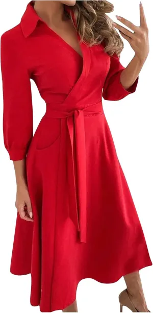 Women's 3/4 Sleeve Spring Summer Dress Wide Collar V Neck Faux Wrap Aline Casual Short Sleeve Work Dresses