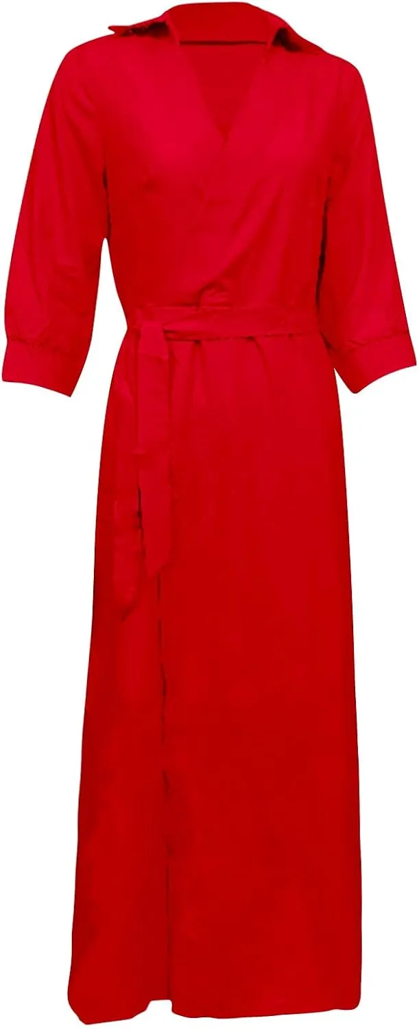 Women's 3/4 Sleeve Spring Summer Dress Wide Collar V Neck Faux Wrap Aline Casual Short Sleeve Work Dresses