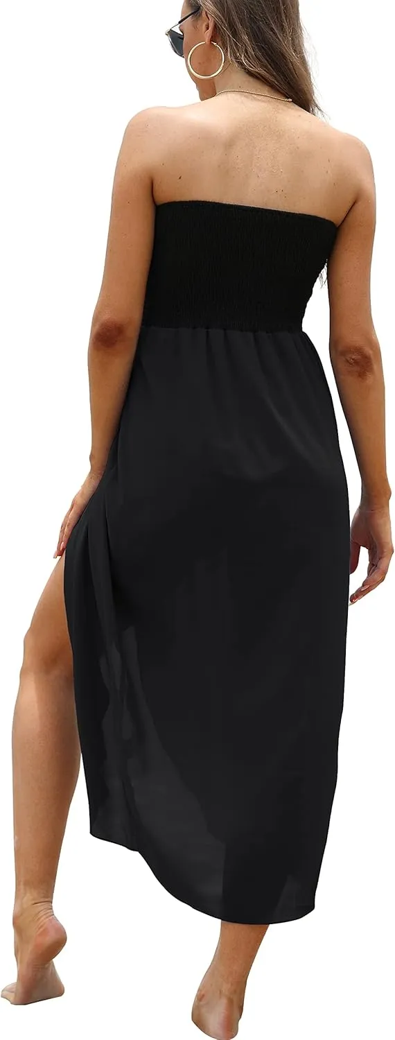 Women's Beach Dress Summer Maxi Sundress Strapless Hawaiian Cover Ups Asymmetrical Wrap Dresses