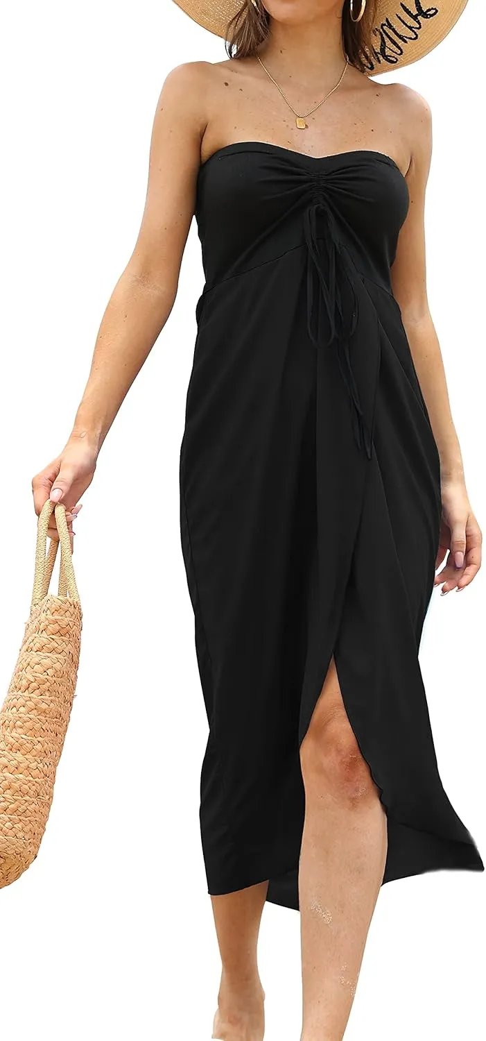 Women's Beach Dress Summer Maxi Sundress Strapless Hawaiian Cover Ups Asymmetrical Wrap Dresses