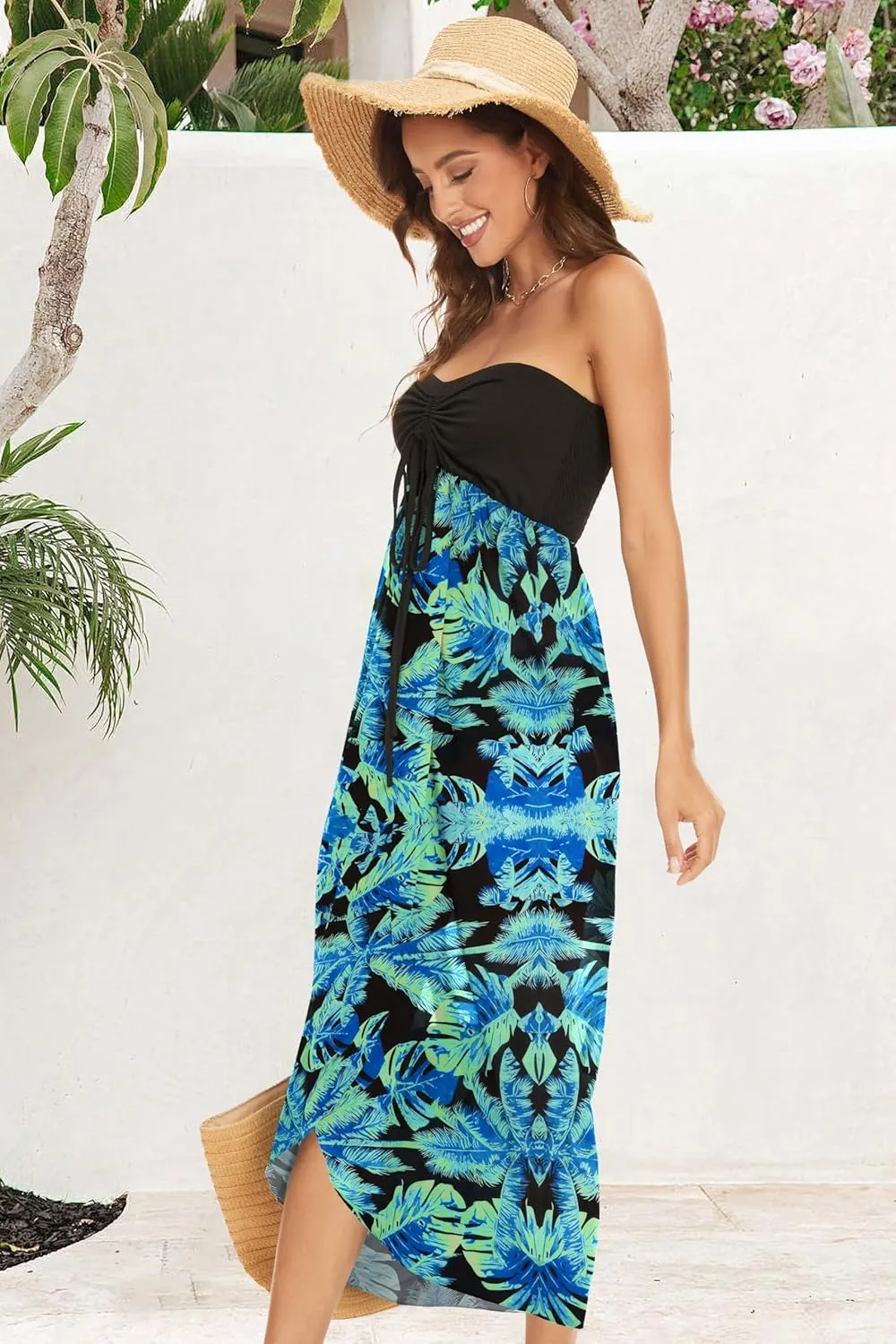 Women's Beach Dress Summer Maxi Sundress Strapless Hawaiian Cover Ups Asymmetrical Wrap Dresses