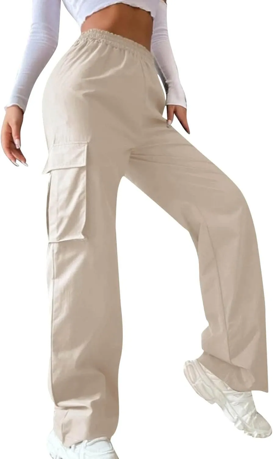Women's Belt Less High Waisted Straight Leg Trousers Relaxed Style Casual Trousers Cargo Pants with Pockets